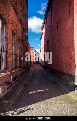 29.03.2025 Gent, Belgium, A narrow cobblestone alley, flanked by tall red brick buildings under a bright blue sky with fluffy clouds, illuminated by w Stock Photo