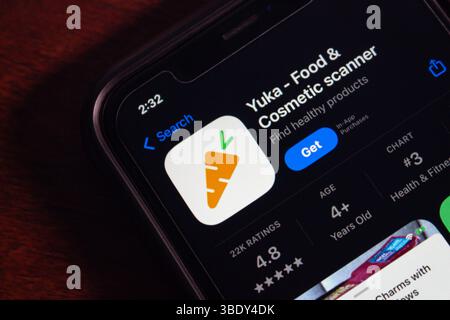 Mexico City, MEXICO - Apr 25 2025 : Close-up of a smartphone showing the Yuka app in the iOS App Store. Stock Photo