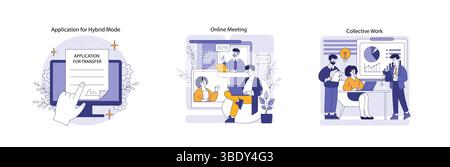Hybrid work illustration depicting the transition to a flexible work environment. It highlights application processes, online meetings, and collaborative efforts among team members to enhance productivity. Vector illustration. Stock Vector