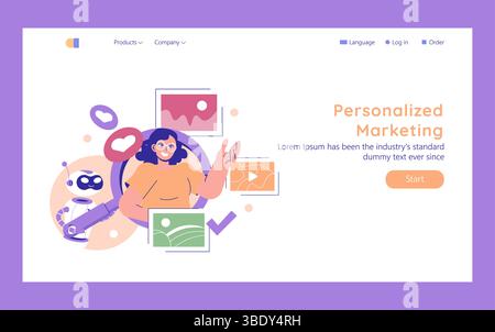 AI in marketing transforms strategies through personalized content. This illustration illustrates an engaging mix of technology, creativity, and human elements, highlighting effective marketing approaches. Vector illustration. Stock Vector