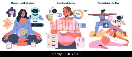 AI Pregnancy Counselor focuses on mental health, nutritional guidance, and physical activity for expectant mothers. Offers insights into well-being, balanced diets, and fitness routines. Vector illustration. Stock Vector
