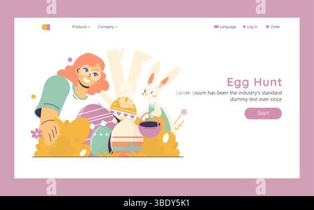 Easter concept. Cheerful girl and cute bunny participate in fun egg hunt celebration, enjoying festive holiday traditions and searching colorful decorated eggs together. Vector illustration Stock Vector