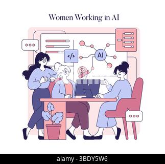 Women collaborating in artificial intelligence showcase innovation and teamwork. They engage in discussions, sharing ideas and technologies, representing empowerment in tech careers. Vector illustration. Stock Vector