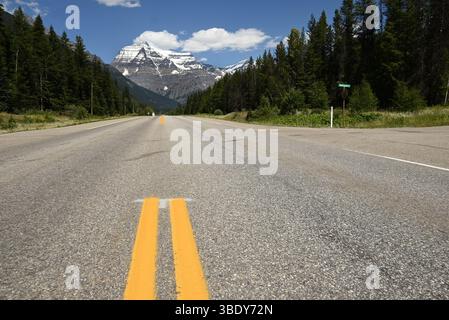 Mont Robson in British Columbia is here seen backward highway 16. Stock Photo