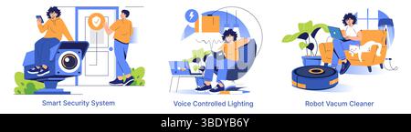 Vector illustration of smart home technology featuring a security system with a camera, voice-controlled lighting, and a robot vacuum cleaner, highlighting smart lifestyle elements. Stock Vector