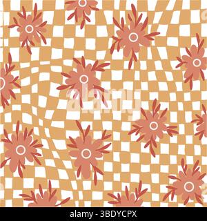 Psychedelic Checkerboard Pattern With Flowers Stock Vector