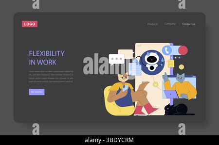 AI assistant in a flexible work environment enhances productivity and communication. Users interact through various devices, showcasing convenience and innovation in remote assistance. Vector illustration. Stock Vector