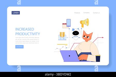 AI Boosts Mid-Sized Business Productivity set. Anthro cat utilizing technology to enhance work efficiency. Features automated tools and productivity growth analytics. Vector illustration. Stock Vector