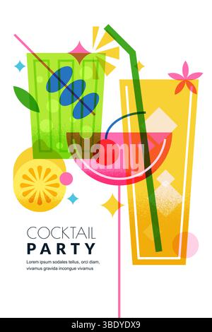 Colorful cocktail party poster vertical vector design with three festive drinks. Abstract geometric layout for bar menu, celebration flyer, event bann Stock Vector