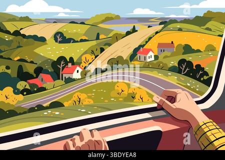 Scenic countryside view from a train window, featuring rolling hills, colorful fields, and charming houses. Vibrant rural landscape vector illustratio Stock Vector