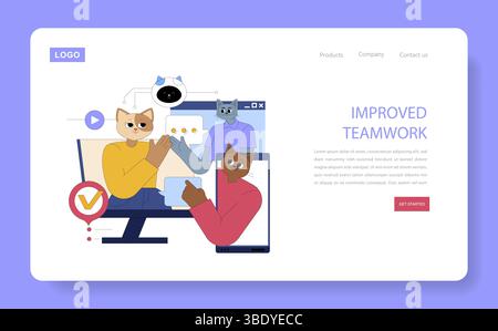 AI Assistant for Work combines teamwork and technology for enhanced productivity. Collaborative characters illustrate engagement, showcasing tools that streamline communication and work processes effectively. Vector illustration. Stock Vector