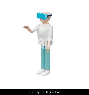 Senior male character wearing VR goggles over white background, 3d illustration Stock Photo