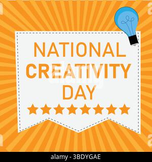 National Creativity Day Vector Badge with Blue Light Bulb and Stars – Typographic Design on Orange Background Stock Vector