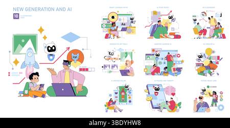 Colorful vector illustration showcasing various AI applications for learning and creativity. Features people interacting with AI in educational and creative settings, highlighting future-ready technologies. Stock Vector