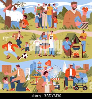Fathers Day set. Family spending time together outdoors with dads and children playing soccer, grilling, building birdhouses, camping, walking in park, enjoying amusement rides. Vector illustration. Stock Vector
