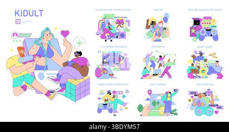 Vector illustration showcasing a diverse range of kidult activities including gaming, cosplay, fan events, and gadgets. Vibrant scenes with happy, playful expressions and interactions. Stock Vector