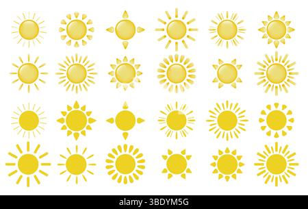 A set of three-dimensional and flat sun icons on a white background. A collection of cartoon suns. Stock Vector