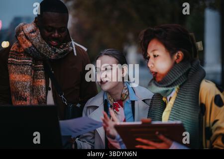 Multiracial team collaborating outdoors in a modern urban setting during the evening Stock Photo