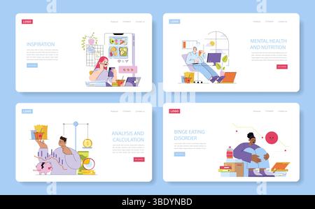 Vector illustration depicting four scenes: inspiration through work, mental health focus, managing binge eating, and financial analysis. Individuals are shown engaging in everyday activities with various expressions. Stock Vector