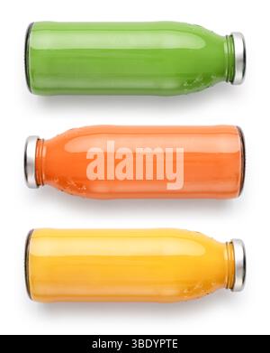 Bottles of orange, carrot  and spinach  juice isolated on white background, clipping path included. Stock Photo