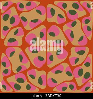 A seamless vector pattern inspired by tropical jungles, featuring organic shapes in pink, green, and tan on an orange background. Ideal for textiles, Stock Vector