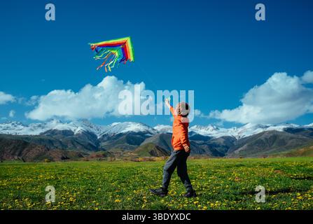 Happy boy with kite on green field on mountains background Stock Photo