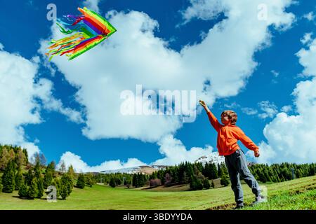 Happy boy with kite on green field on mountains background Stock Photo