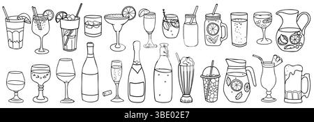 Drinks set. Cocktails, Wine, Beer and Whiskey. Lemonade, Milkshake, Water, Soda,Ice tea and Smoothie. Hand drawn Vector illustration in Doodle style Stock Vector