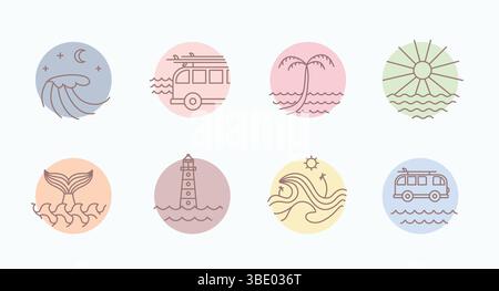 Line surfing art minimalist simple badge. Tropical ocean, sea vector illustrations set about vacation, hotel, island life. Stock Vector