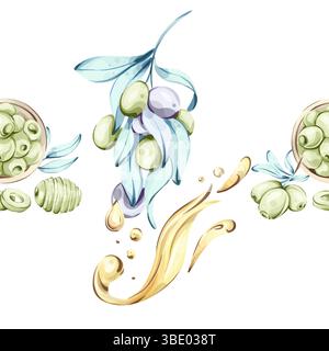 Olives and olive oil framed in watercolor technique complemented by seamless pattern and border arrangement celebrating the essence of Italian cuisine Stock Vector