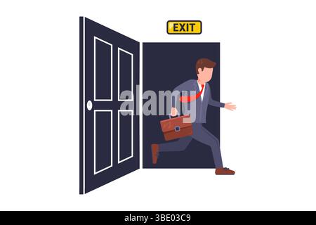 Man running out of open doors. Fire exit. Flat illustration. Stock Vector