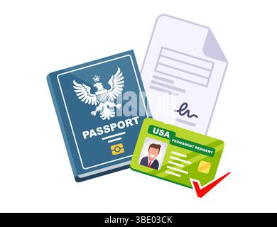 get us green card document. documents for getting passport flat illustration Stock Vector