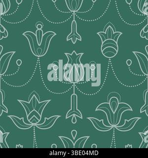 Abstract line flowers, bell, tulips seamless pattern on green. Geometric floral white linear vector background wedding design. Stock Vector
