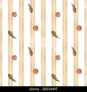 Seamless autumn pattern with vertical stripes and leaves. Handmade watercolor illustration. For packaging, textiles, wallpaper, printing and wrapping Stock Photo