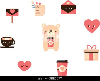 Adorable Valentines Day Illustration Featuring Bear and Heart Elements with Love Stock Vector