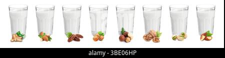 Different types of nut milk in glasses isolated on white, set Stock Photo