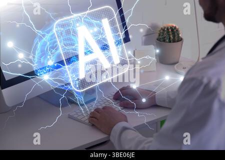 Doctor using computer with AI virtual screen at table, closeup. Artificial intelligence in medicine Stock Photo