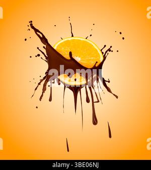 Chocolate splash with juicy orange in air on color background Stock Photo