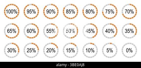 Round diagrams icons for infographics from 0 to 100 percent. Percentage infographics elements. Orange, grey color fill divided pie charts indicator Stock Vector