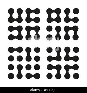 Metaball icons. Connected dots symbols set isolated on white background. Abstract circles patterns. Design flat black elements. Minimalist template Stock Vector