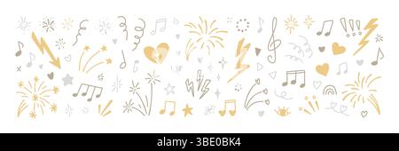 Set of line hand drawn doodle girly music design elements. Star, heart, bling, twinkle, spark rayon scribbles. Merry Christmas and Happy New Year, Mus Stock Vector