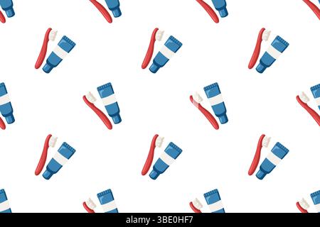 Seamless pattern with red toothbrush and toothpaste tube. Vector isolated background in cartoon style Stock Vector