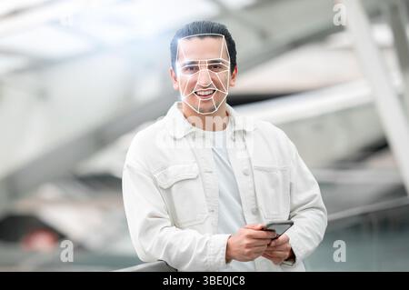 Modern face recognition technology in use during identification check Stock Photo