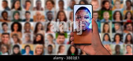 A hand holds a smartphone displaying a digital face scan Stock Photo