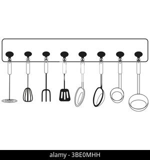 Cooking tools set. Hanging utensils row. Monochrome kitchen layout. Stock Vector