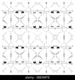 Kitchen tools repeat. Pots and utensils aligned. Cooking themed layout. Monochrome background design. Stock Vector