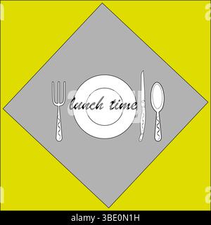 Fork knife spoon set. Dish in center plate. Text lunch time. Yellow gray background. Stock Vector