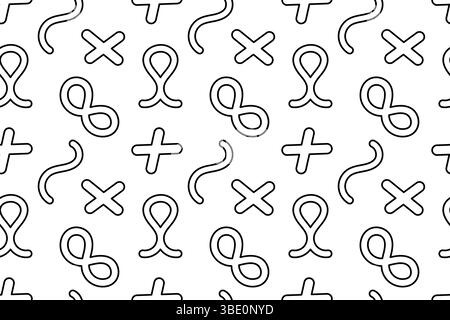 Seamless pattern, coloring page with abstract shapes symbols such as loops, crosses, and wavy lines. Geometric background. For entertaining, black and Stock Vector