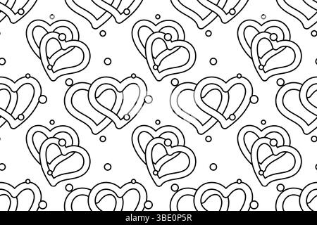 Seamless pattern, coloring page with interlocking hearts with confetti dots. Abstract background. For entertaining kids, black and white romantic vale Stock Vector
