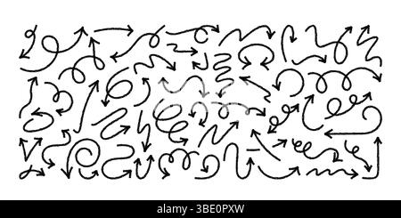 Arrow icons, hand drawn with crayon and charcoal design elements of different shapes, doodle sketch set. Rough pointer and underline, simple spiral and curve line arrow, scribble vector illustration Stock Vector